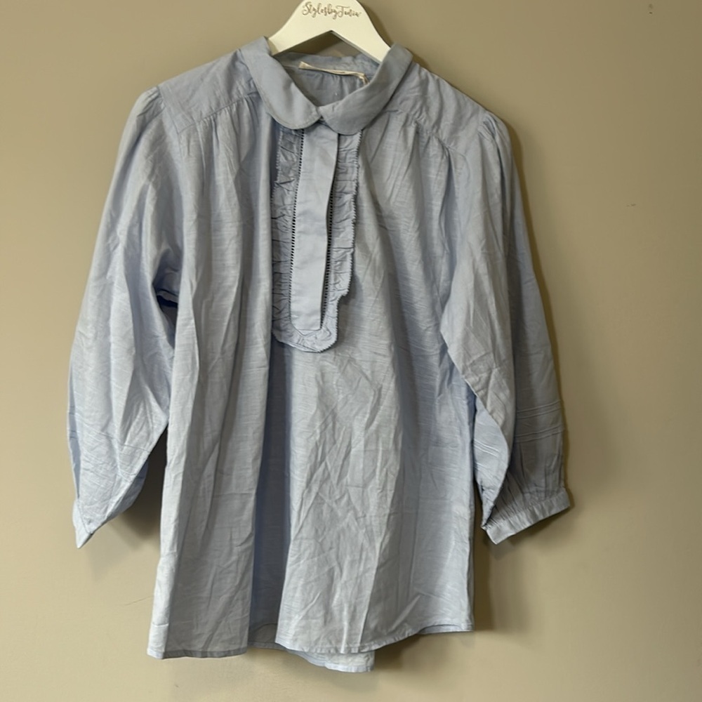 Marie Louise De Monterey Volant Blouse Ruffle Peter Pan Collar Blue Sz 12 New